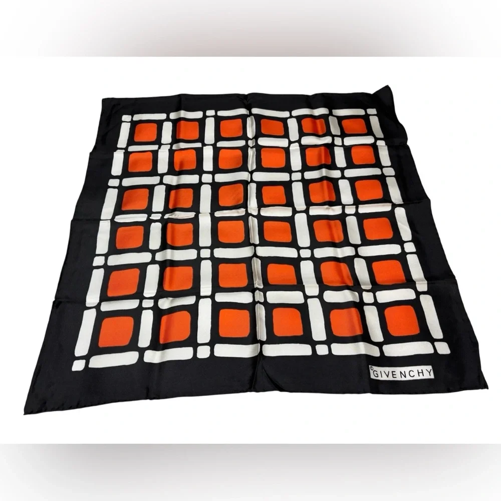 Vintage GIVENCHY Scarf - 100% Silk Orange & Black Block Scarf Saks Fifth Avenue